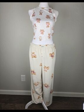 Cream Teddy Print Two-Piece Pajama Set - Women